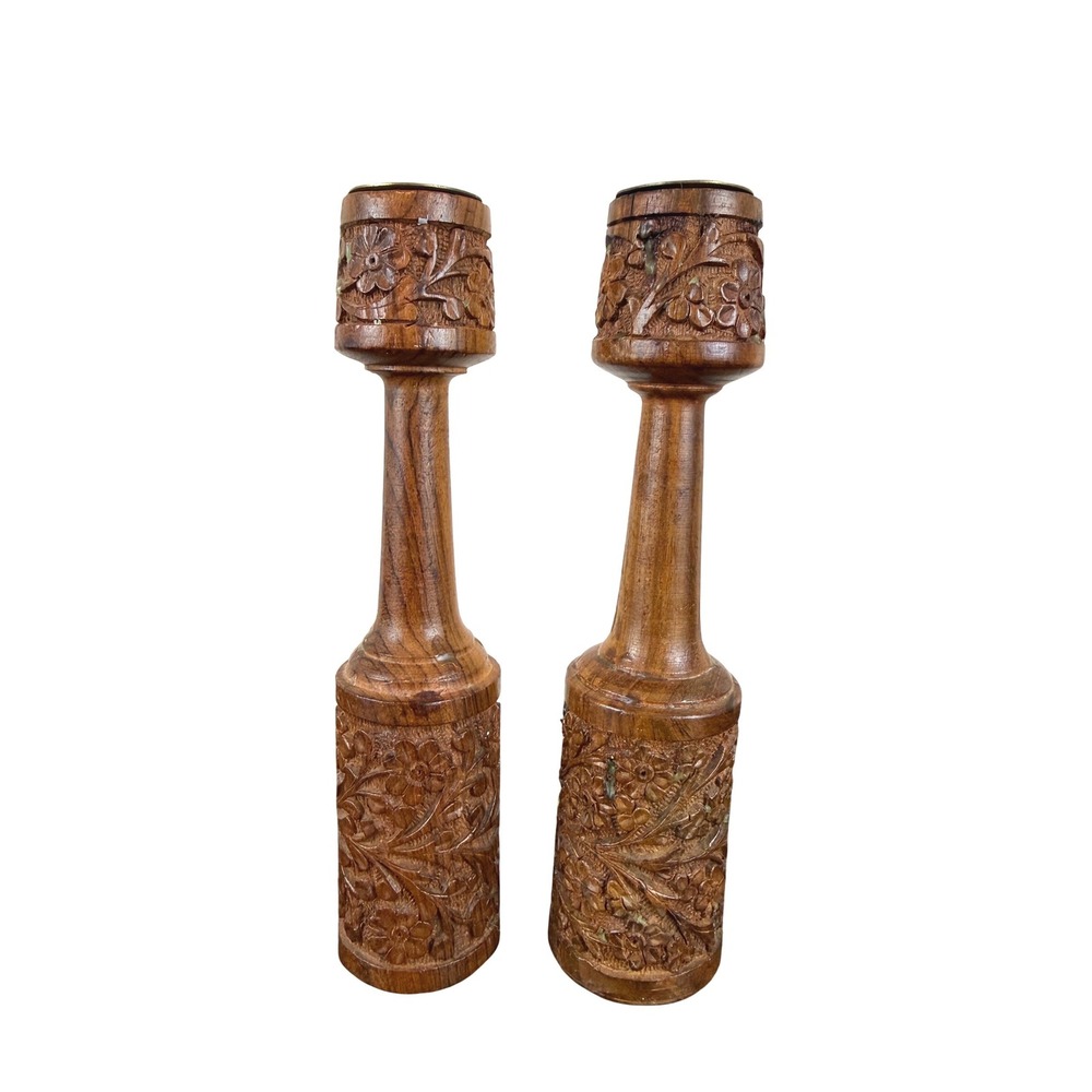 VTG PAIR‎ (2) Hand Carved Teak Wood Candle Holders Brass Inserts 8" Tall India